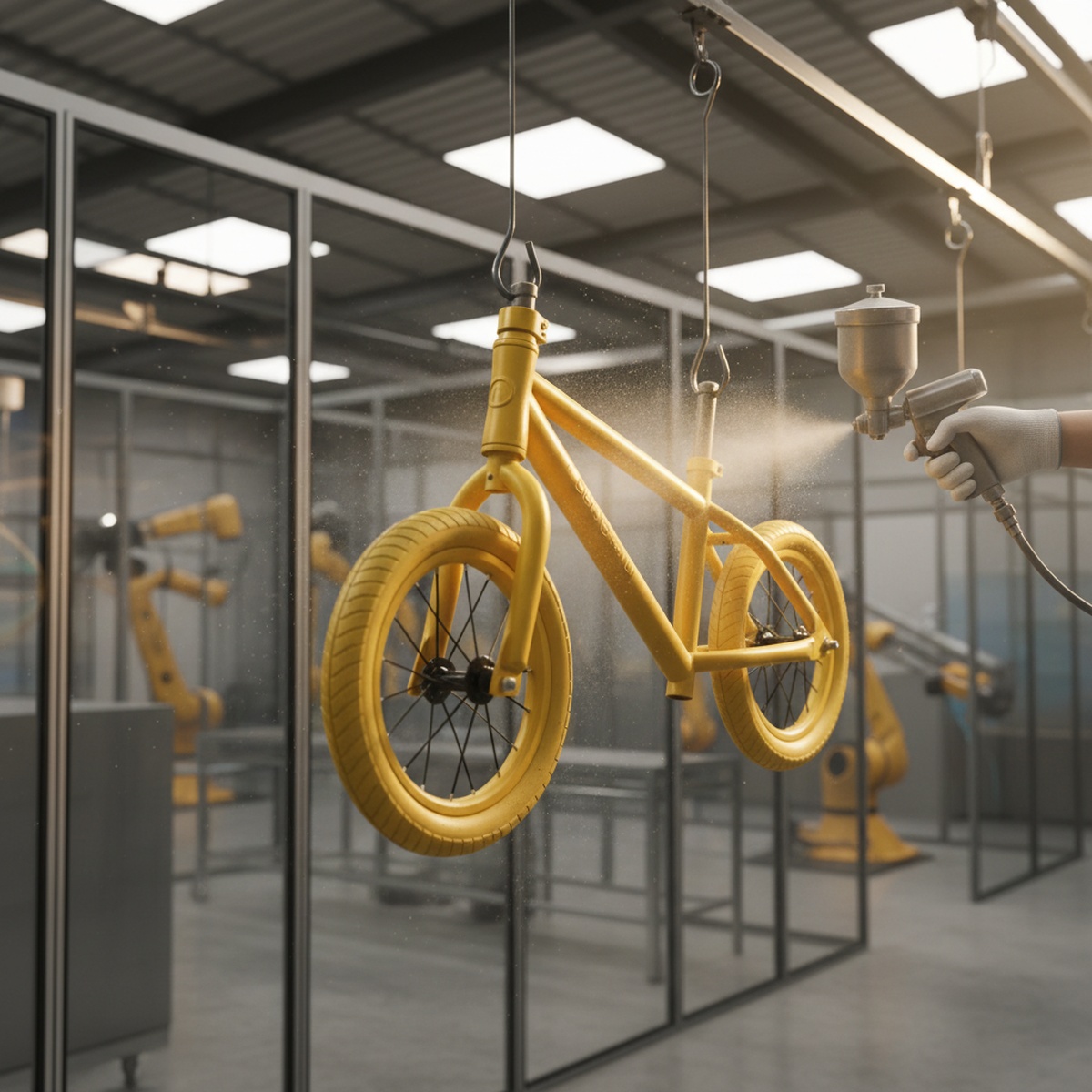 Children's yellow balance bike receiving eco-friendly powder coating in a modern factory.