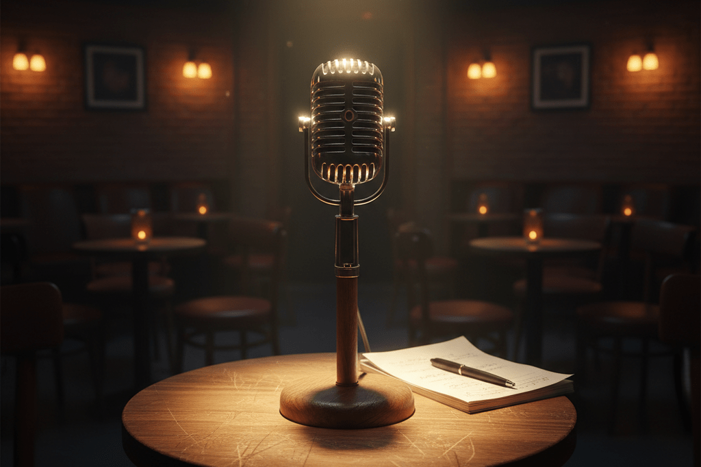 A vintage microphone on a stand in a dimly lit comedy club, softly lit by ambient lights, representing the evolution of entertainment marketing