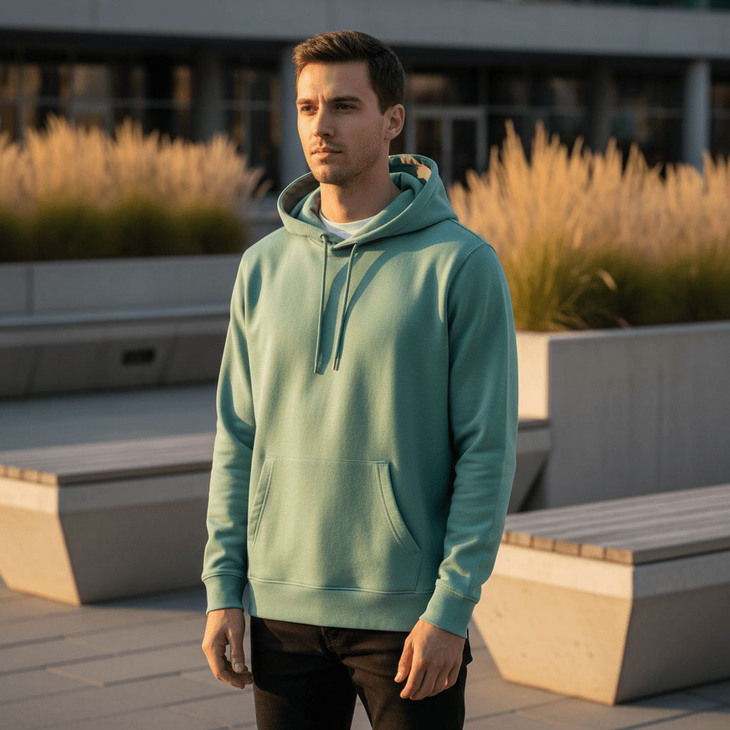 Man in pistachio hoodie relaxed in urban park during golden hour.