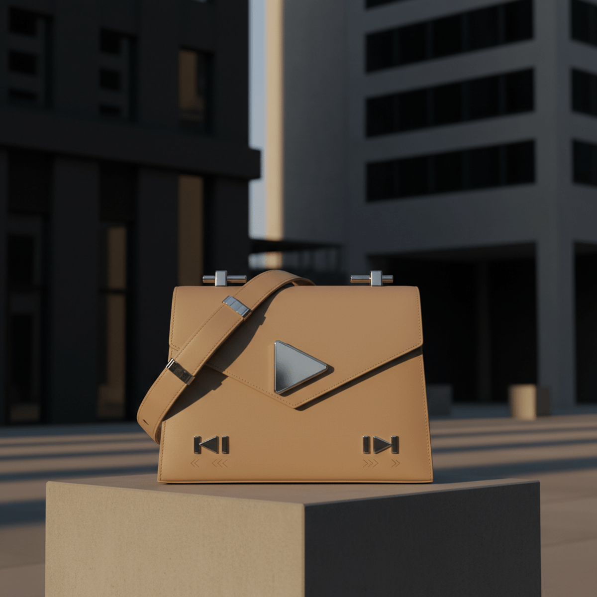 Luxury matte leather handbag with VCR control icon hardware in urban sunlight.