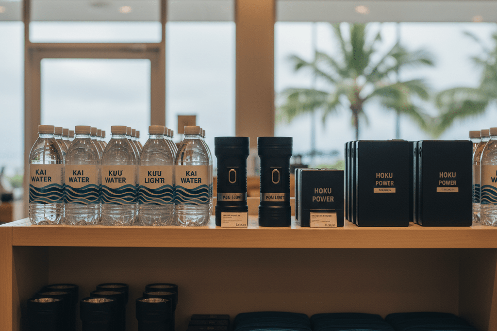 Medium shot of a Hawaii-themed retail shelf with water, flashlights, batteries, and first-aid kits under natural and ambient lighting