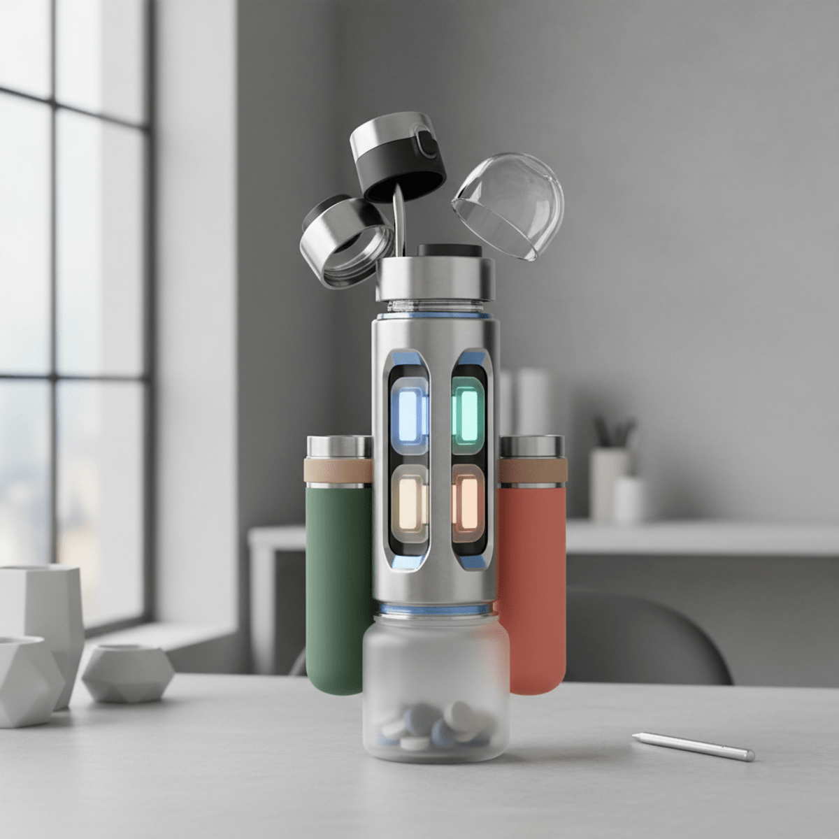 Sleek modular water bottle with storage on a minimalist office desk.