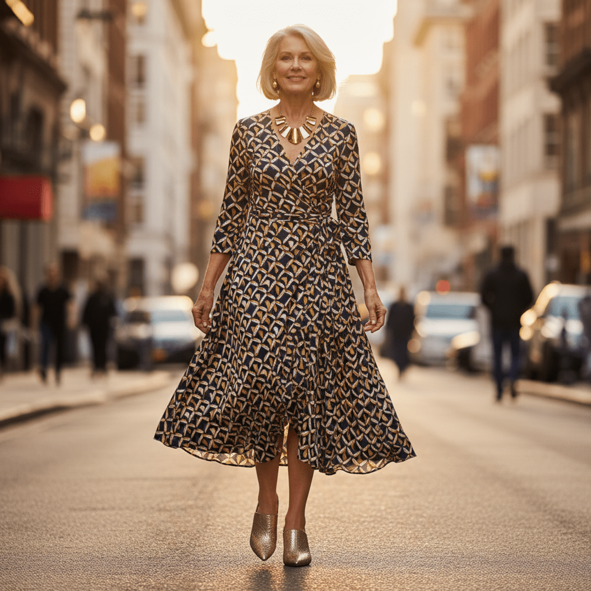 Confident woman over sixty in a modern geometric wrap midi dress.
