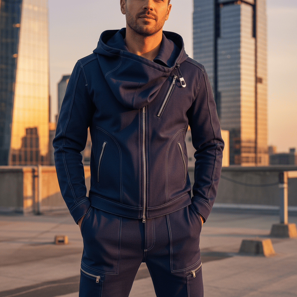 Man in versatile navy convertible jumpsuit on urban rooftop at golden hour.