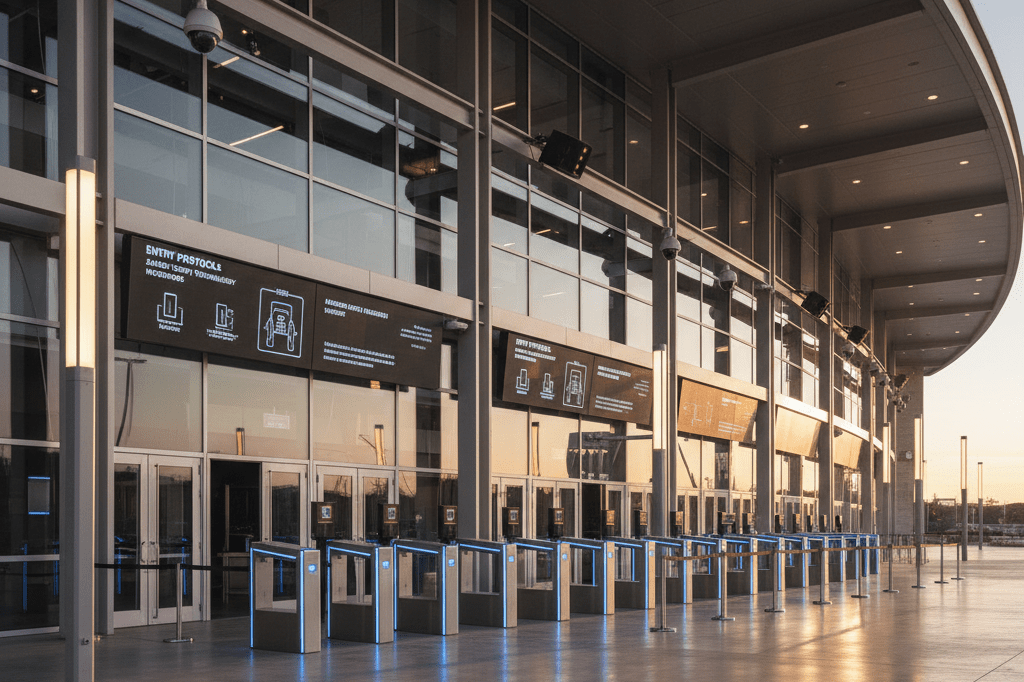 Wide shot of a concert entrance with metal detectors and surveillance cameras under warm ambient lighting, showcasing enhanced safety protocols