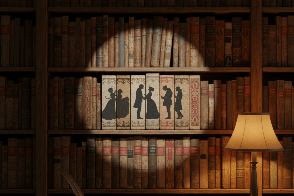 Antique bookshelf highlighting secondary character stories Warmly lit bookshelf showcasing classic novels emphasizing secondary characters, symbolizing untapped potential