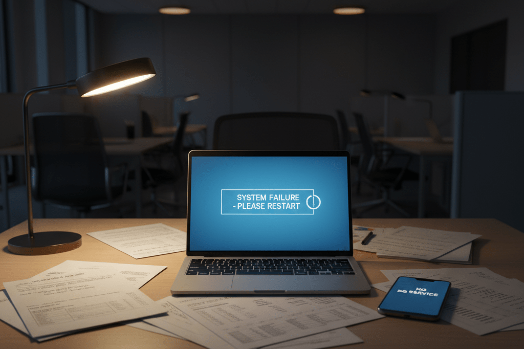 Office desk with laptop error screen and smartphone no-service symbol under warm ambient lighting, illustrating digital platform failure