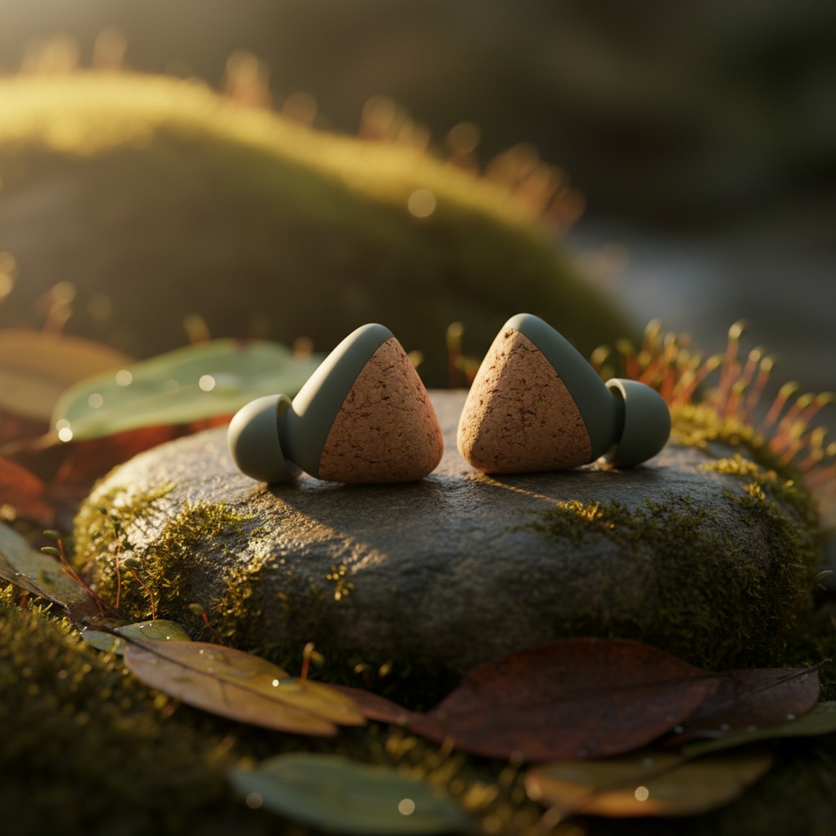 Sustainable ear plugs rest on mossy stone, highlighted by golden hour.