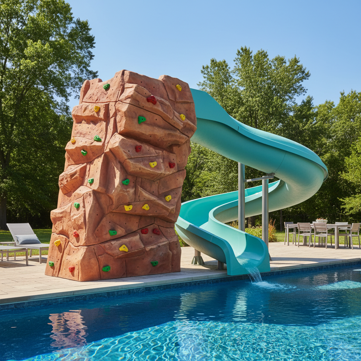 Futuristic above-ground pool slide with integrated rock climbing wall in a backyard.