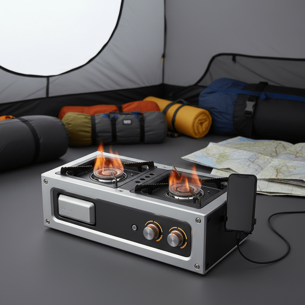 Sleek modular stove with anodized aluminum and matte charcoal in a minimalist tent.
