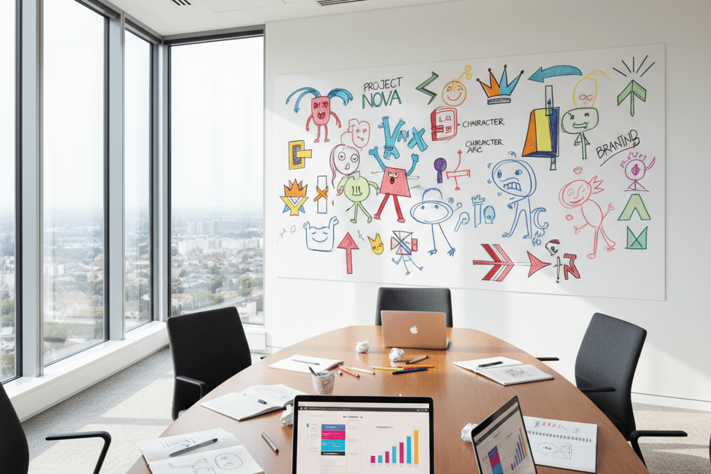 Modern office meeting setup with whiteboard sketches and social media analytics, symbolizing innovative narrative development