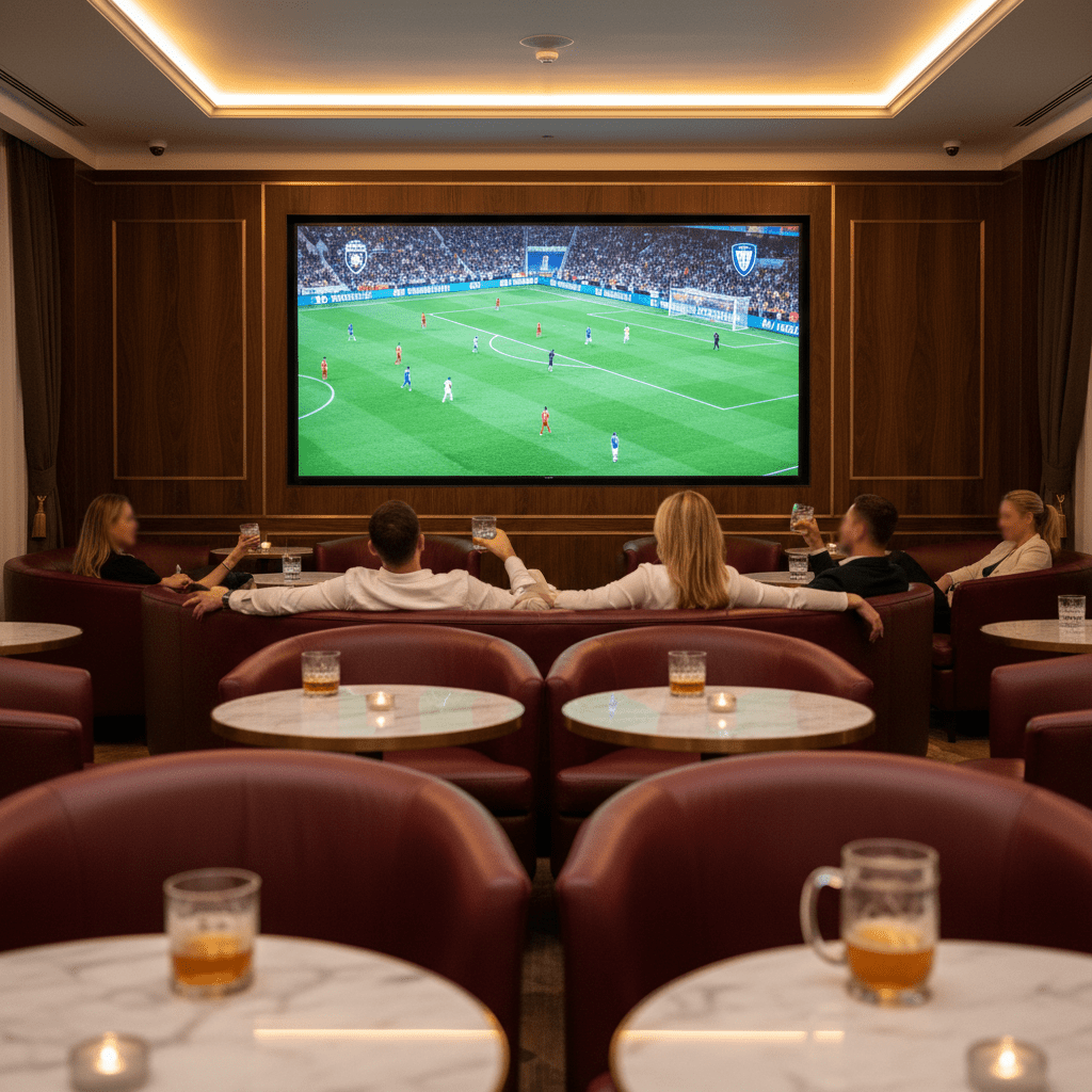 Luxurious sports bar with a massive 150-inch TV and plush seating.