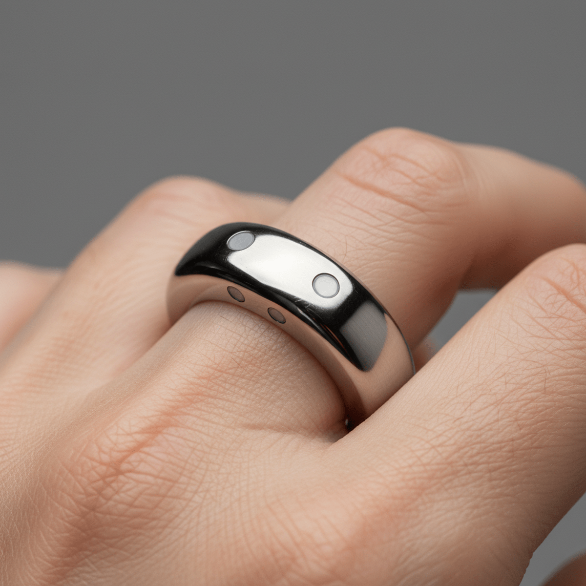 Sleek screenless smart ring of polished titanium with subtle health sensors.
