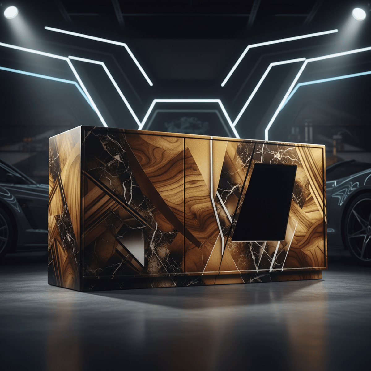 Chuchero box with exotic wood grain, marble texture, and abstract graphic collage.