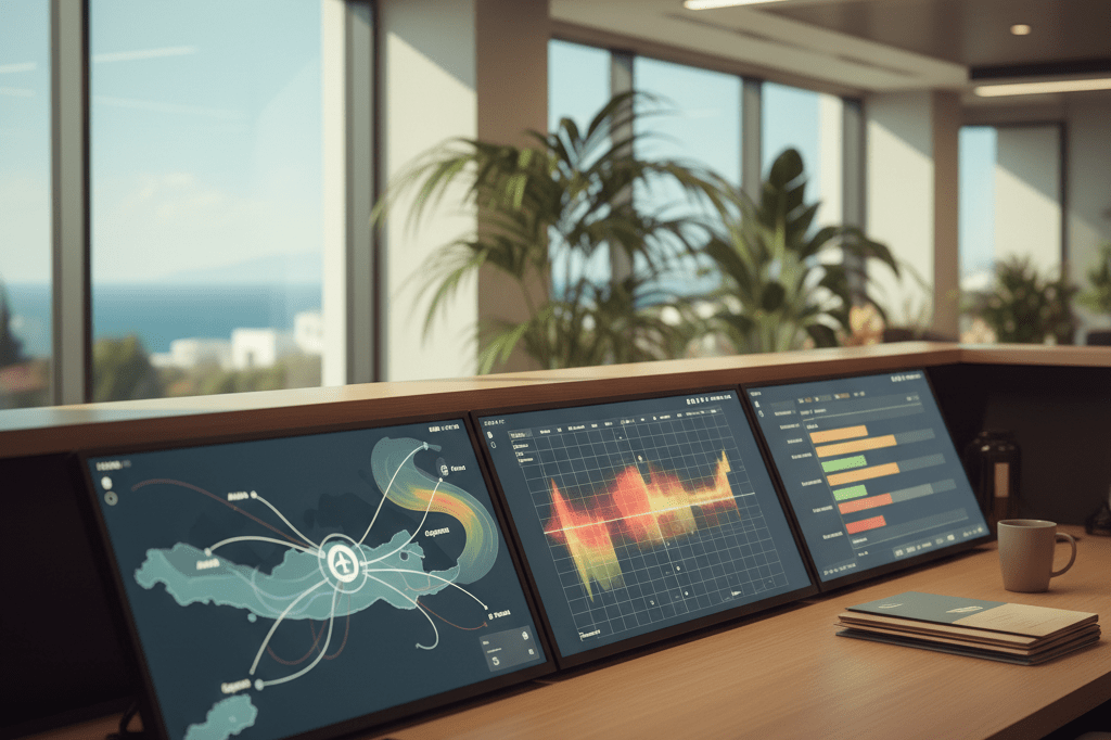 Medium shot of a professional desk with digital dashboards showing flight data, weather, and passenger flow for Antalya tourism logistics