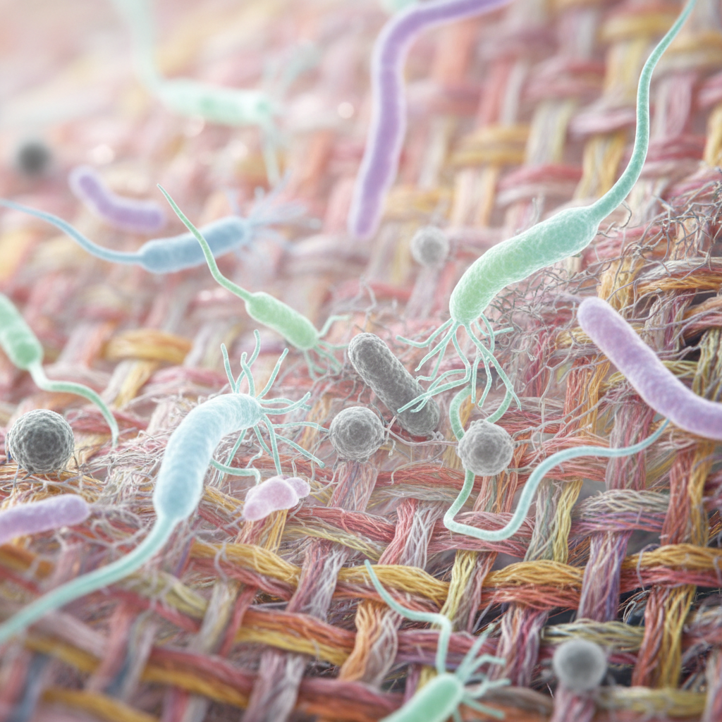 Vibrant probiotic bacteria battle odor microbes within translucent fabric fibers.