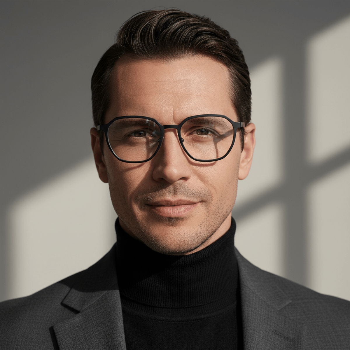 Close-up of futuristic hexagonal matte black titanium eyeglasses with sharp angular lines.