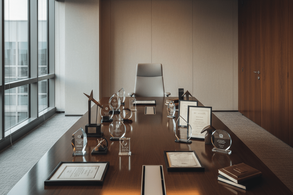Sleek conference table with awards and mementos under natural light, representing impactful legacy celebration