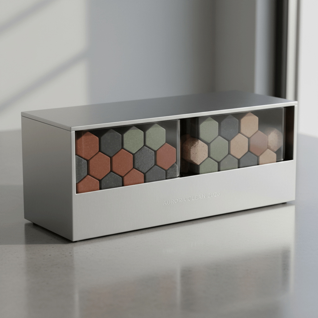 Earth-toned laundry pods in glass containers on a brushed aluminum dispenser.