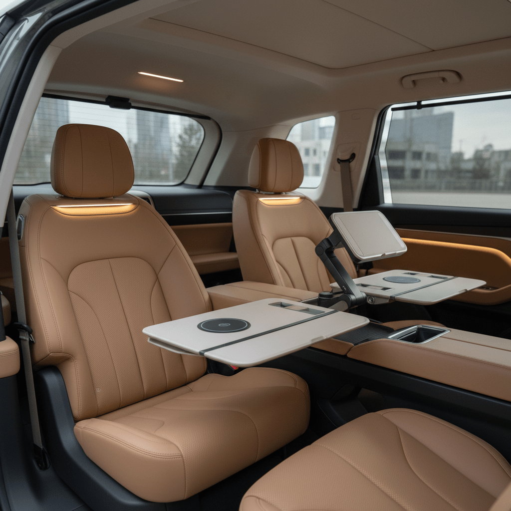 Reimagined SUV rear cabin with fold-out workstations and wireless charging.