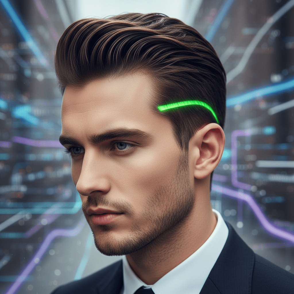 Stylish man with a modern quiff haircut and a vibrant neon green hair accent.