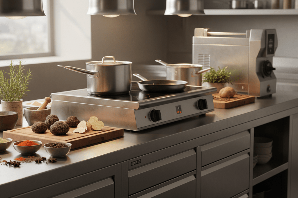 Stainless steel kitchen tools and fresh specialty ingredients on a counter under warm ambient lighting