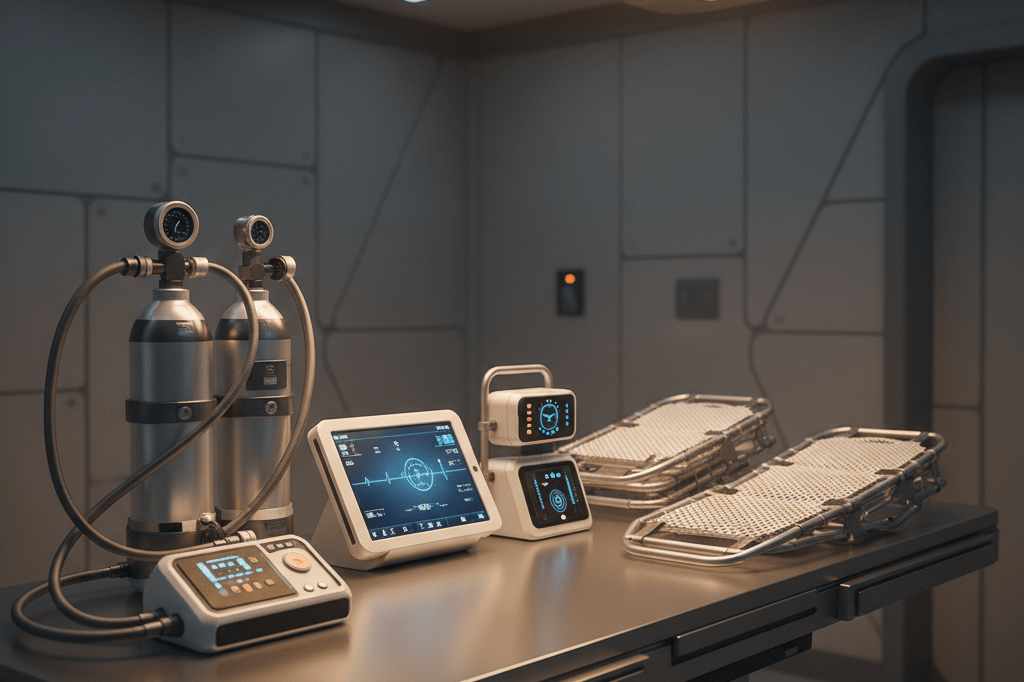 Futuristic medical evacuation tools designed with space-derived technologies, showcased under warm ambient lighting.