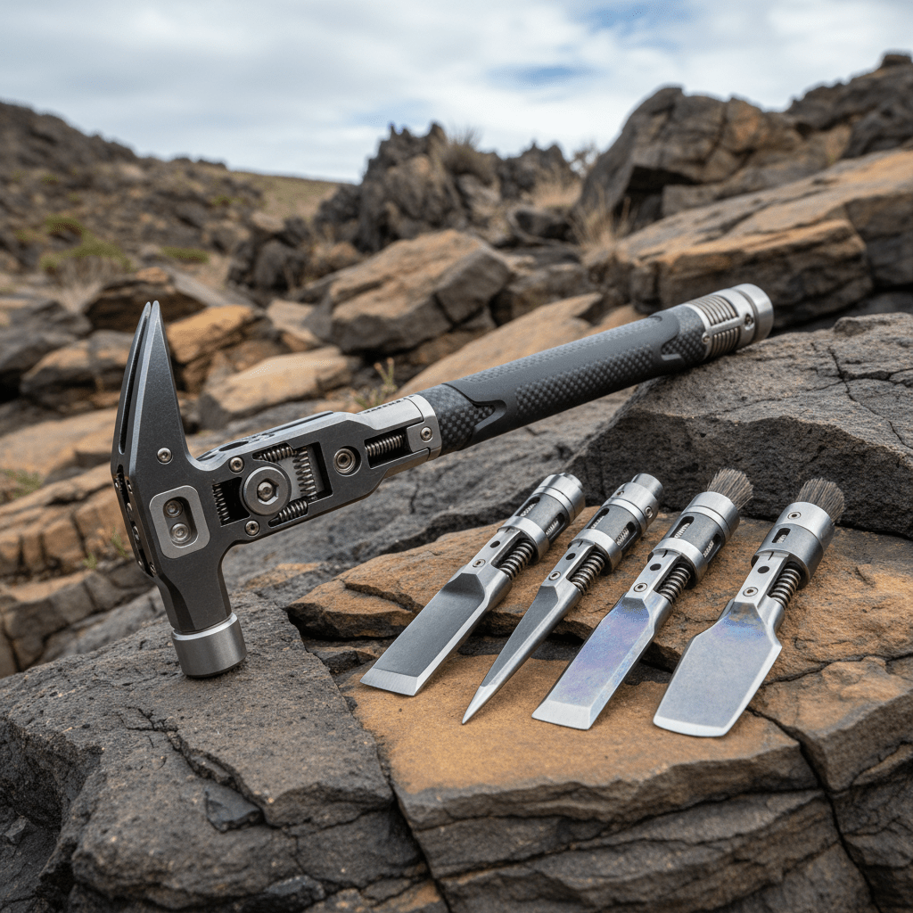 Futuristic geological hammer with modular heads on rugged rock field.