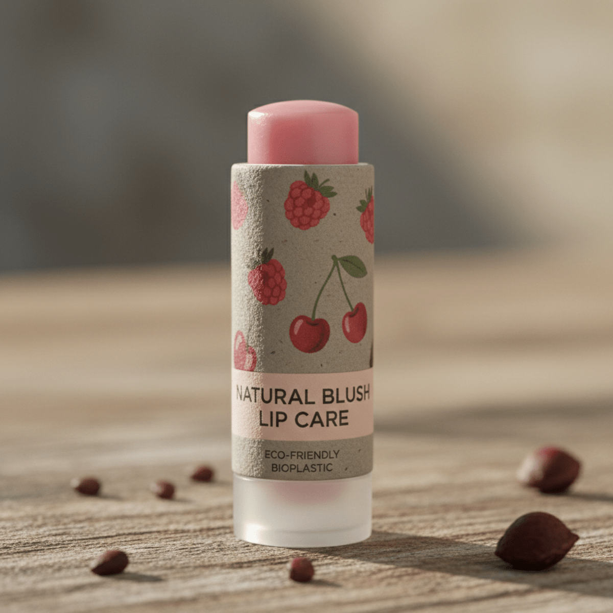 Eco-friendly lip balm with fruit graphics on rustic wood.