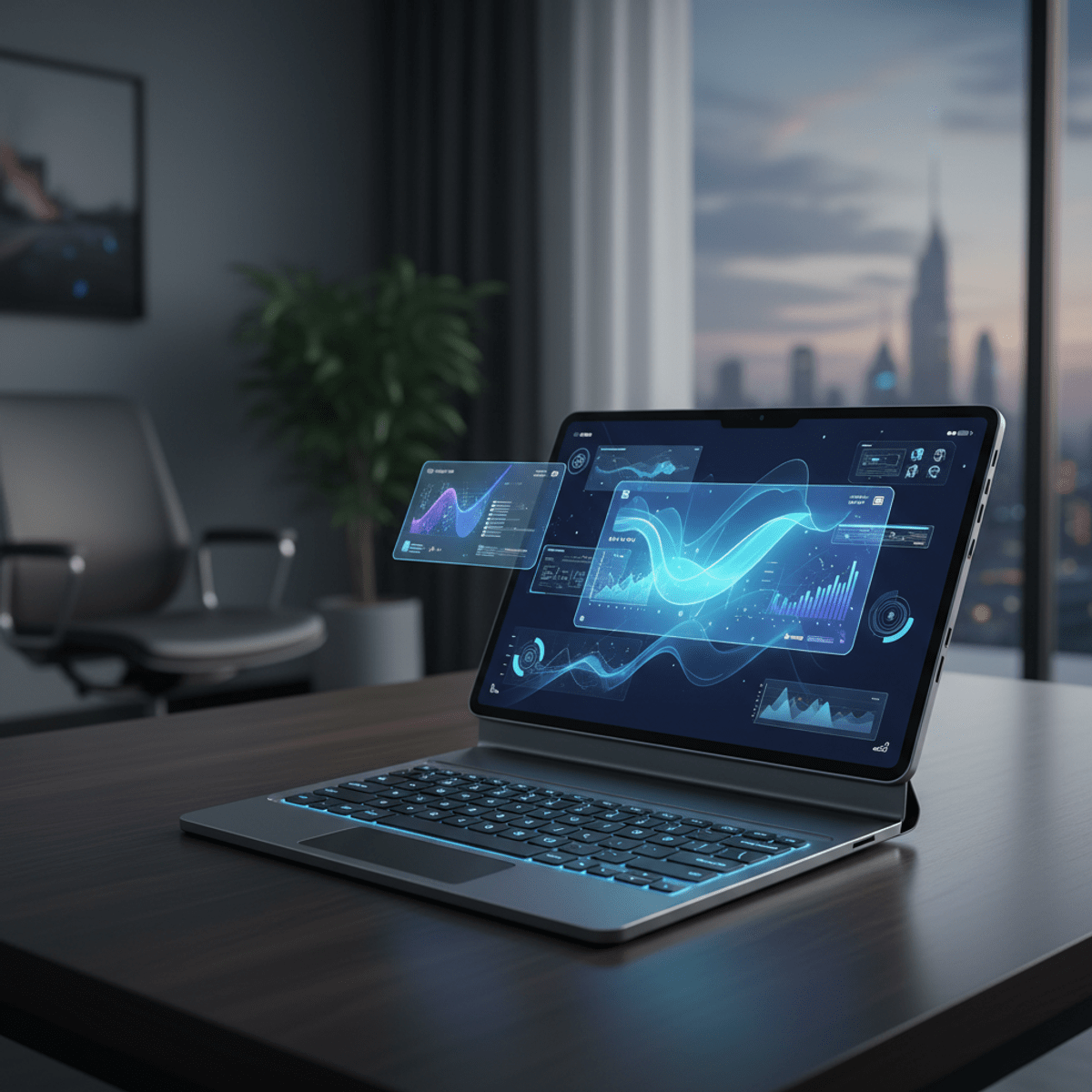 Futuristic dual-screen tablet with haptic keyboard on a modern desk.