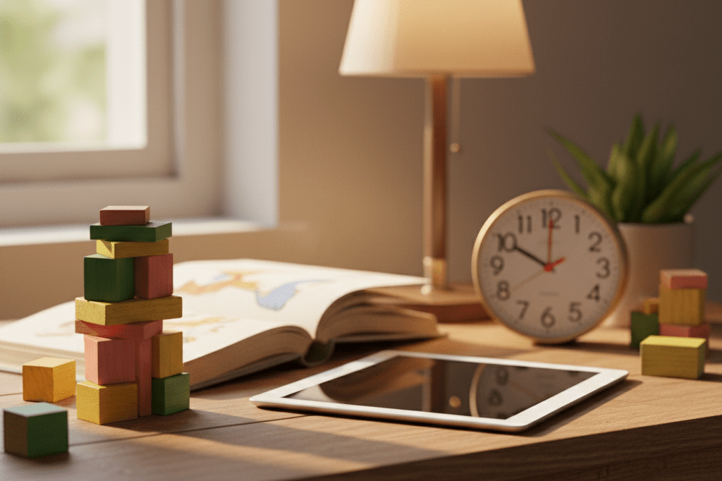 Photorealistic depiction of a child's workspace combining analog toys and tech devices, symbolizing efforts toward digital wellbeing