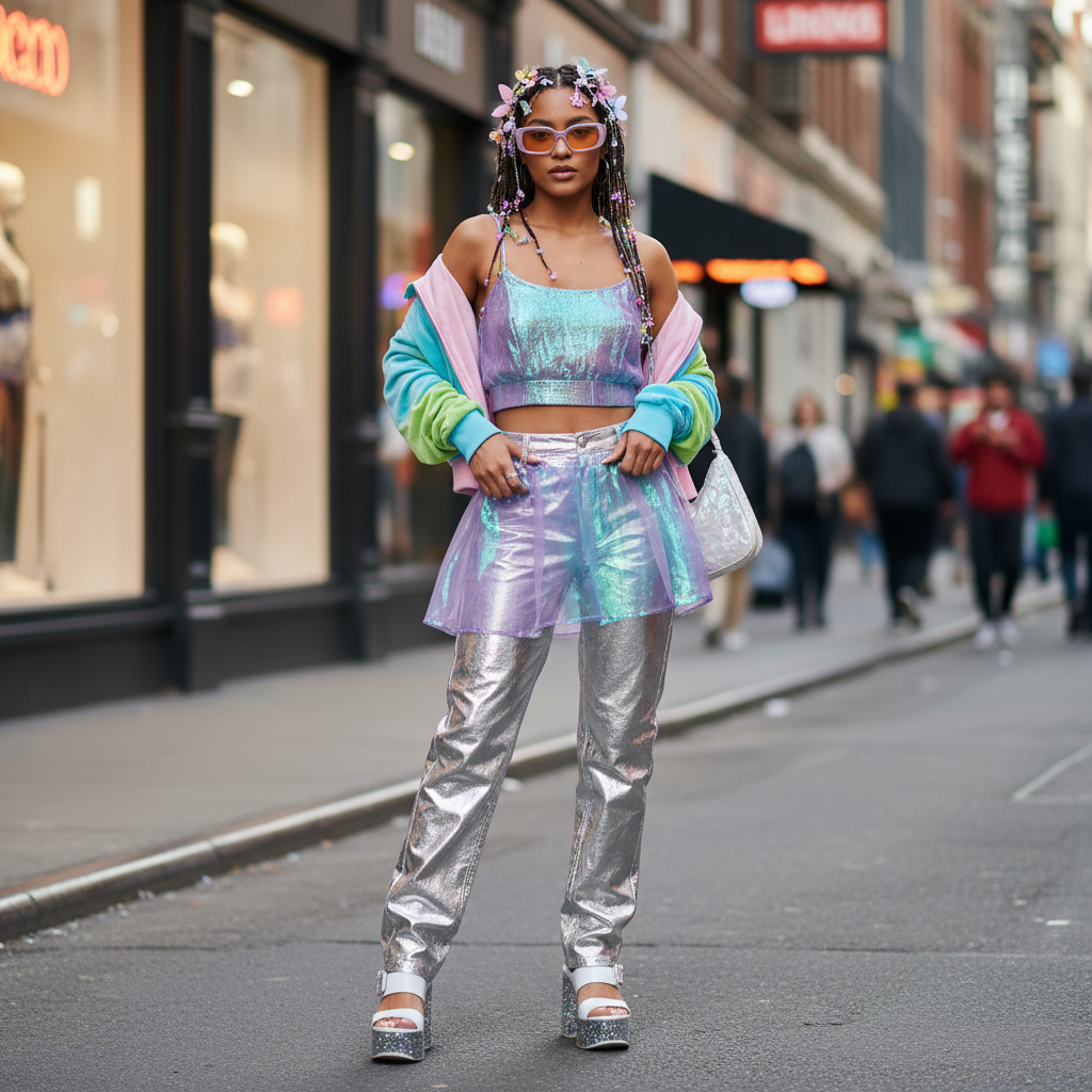 Model in Y2K revival fashion with metallic jeans and micro-mini skirt on urban street.