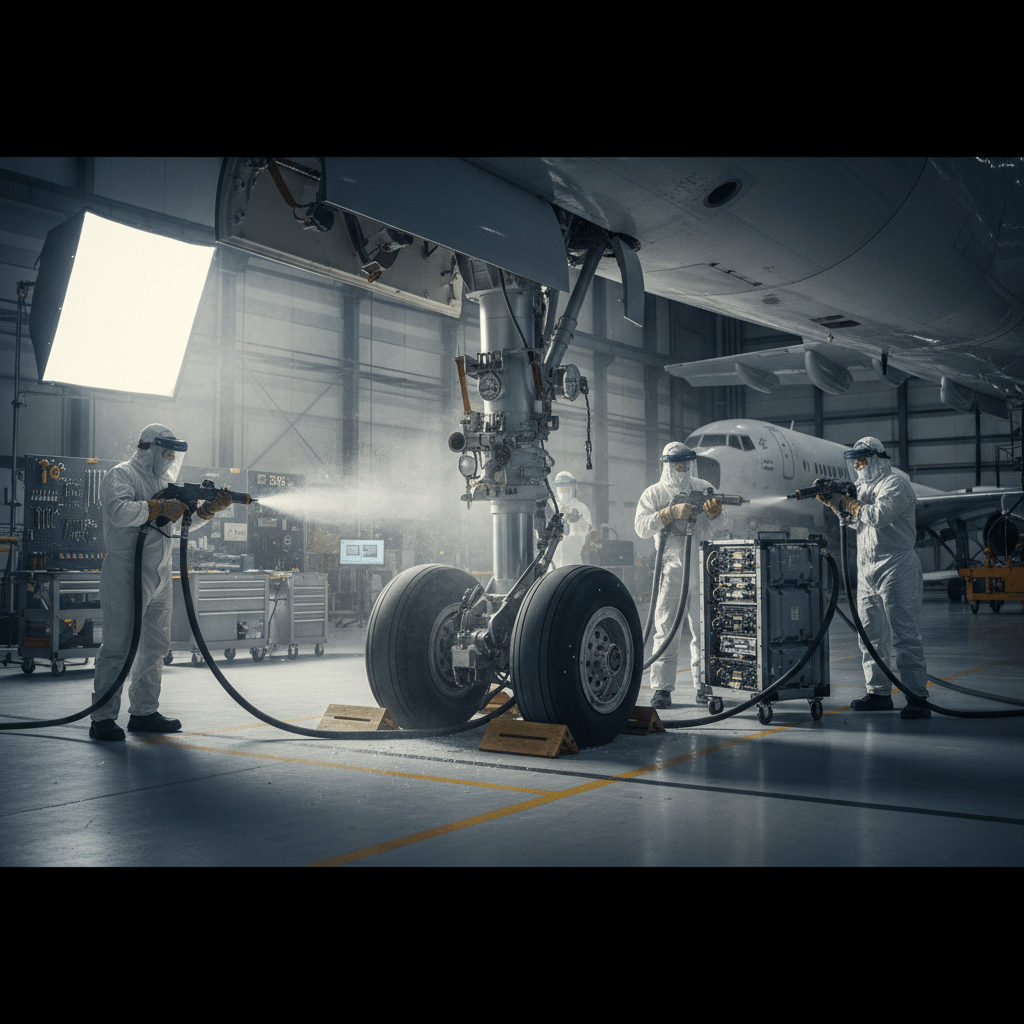 Crew dry ice blasting aircraft landing gear and avionics in a workshop.