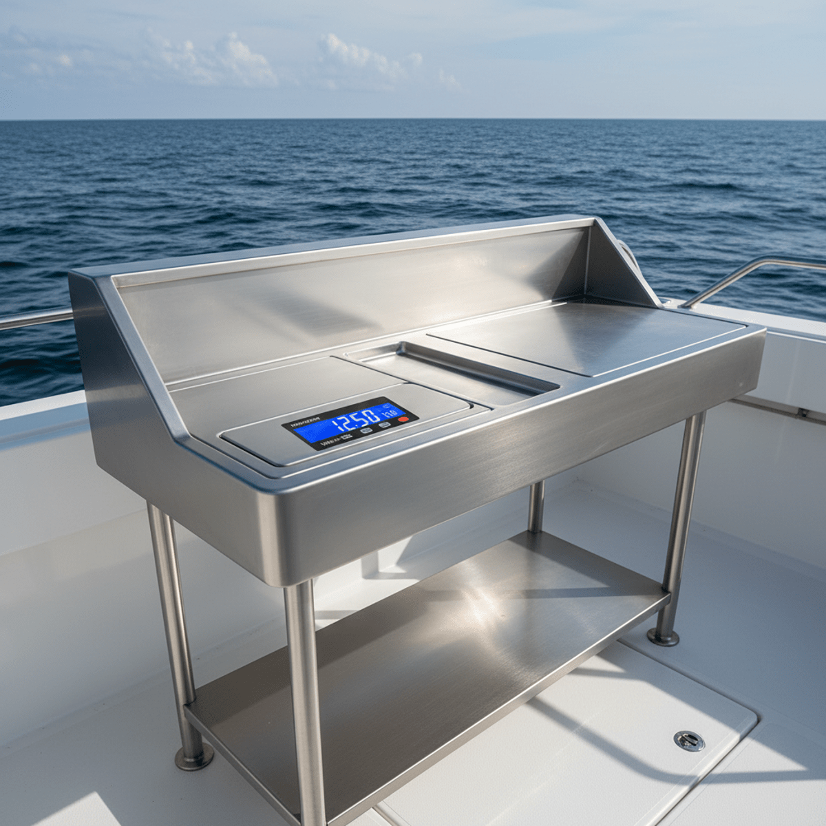 Futuristic fishing table with integrated digital scale on a modern boat deck.