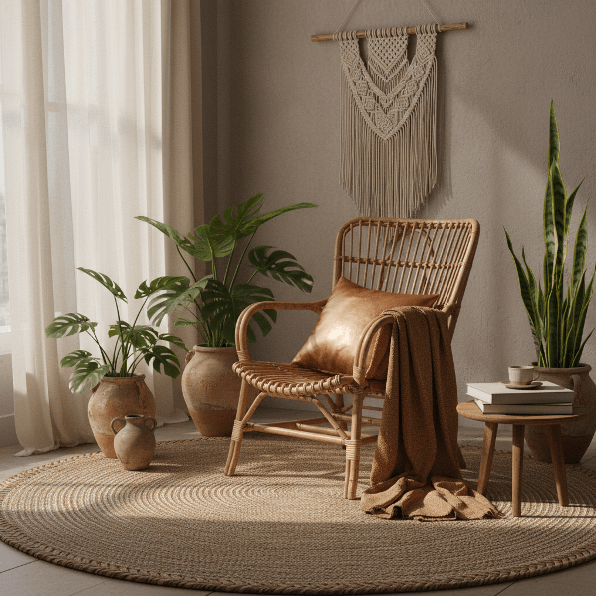 Sunlit boho living space with rattan chair, linen throws, and lush plants.