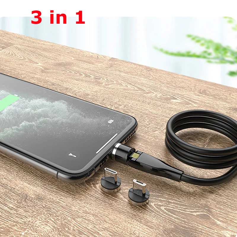 3A Fast Charging Magnetic USB Cable 3 in 1 Nylon Braided 540 Degree Rotate Quick Magnetic Micro Type-c Charger For iPhone