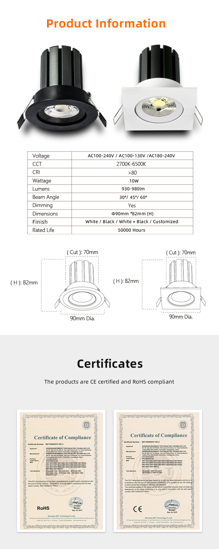 Dimmable 10w SAA Recessed Spot Light Downlight Square Adjustable Led Downlight Downlights