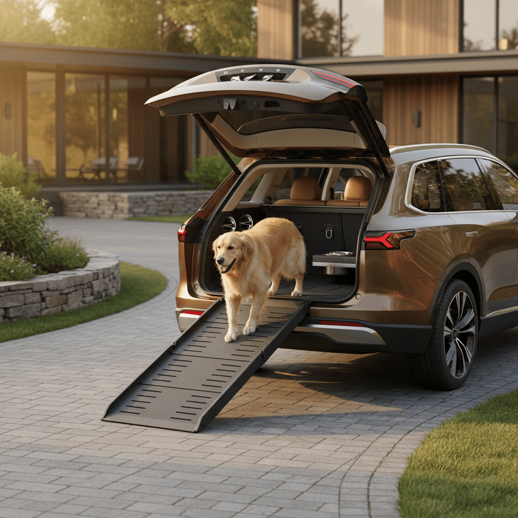 Dog walks up a custom pet ramp into a spacious SUV cargo area.
