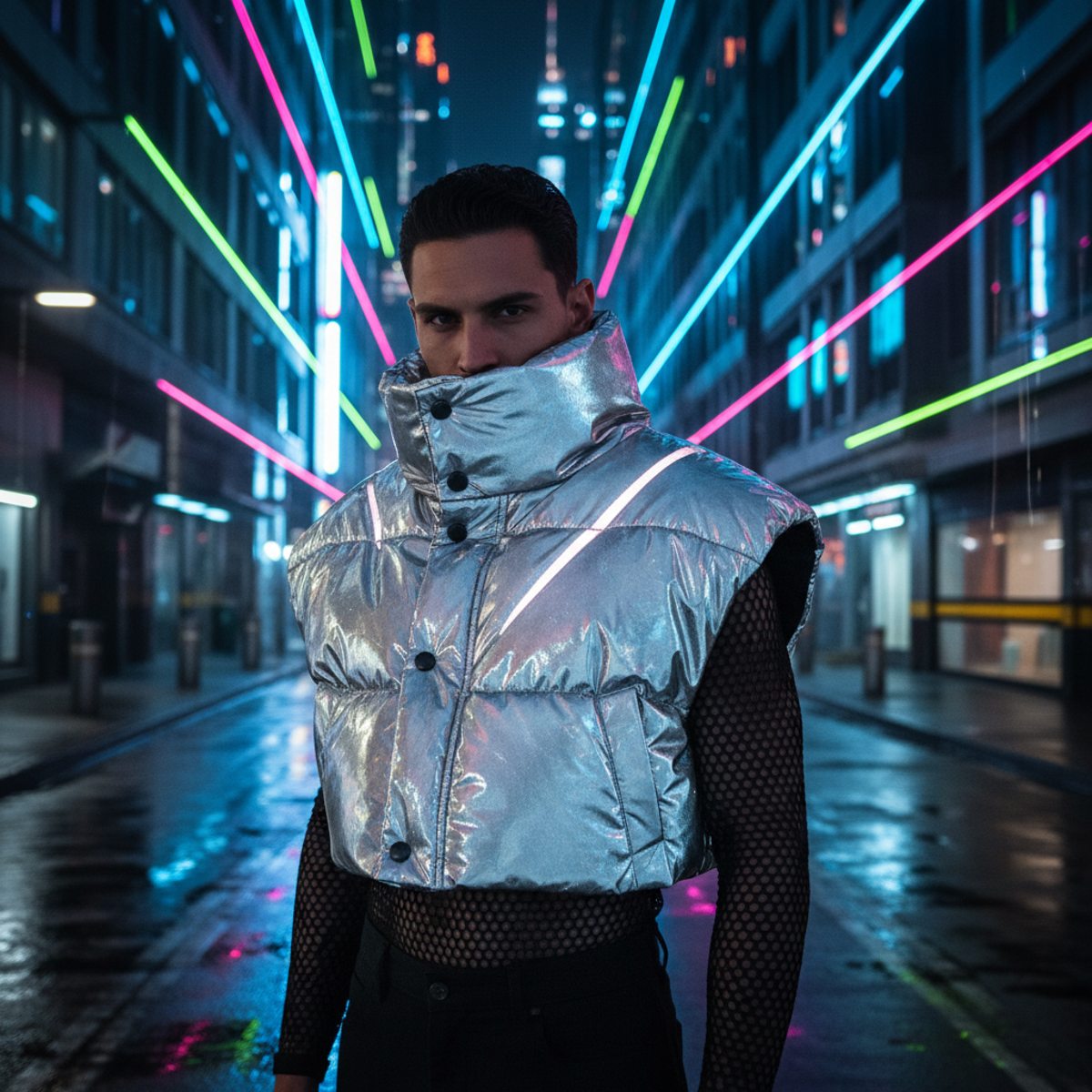 Model in metallic puffer vest and mesh top on futuristic urban street at night.