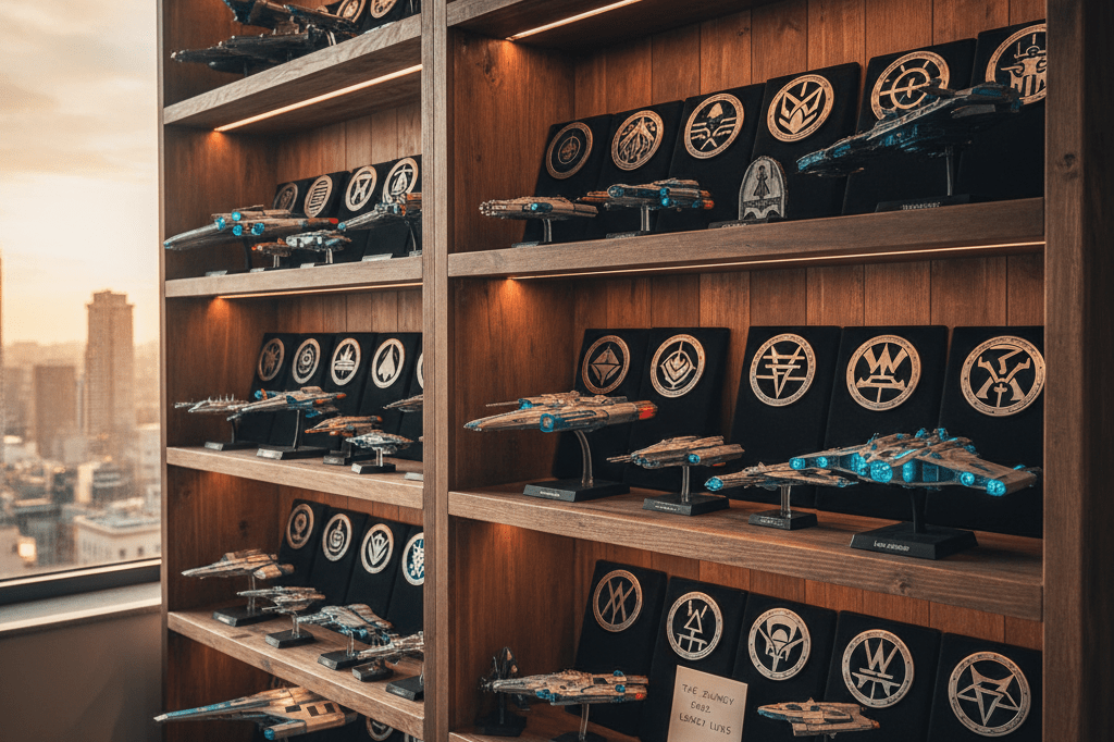 Wide shot of a collector’s shelf showcasing generic sci-fi themed items like models and insignias, lit by natural window light.