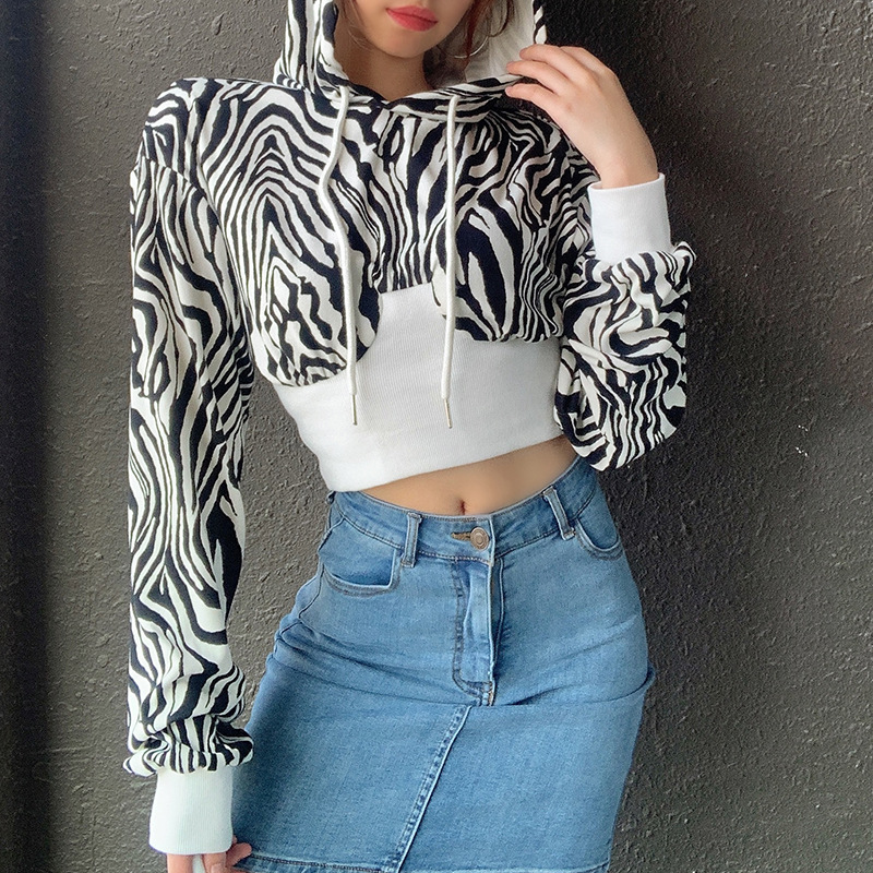 Модный дизайн, укороченный топ с принтом зебры, толстовка с капюшоном, повседневная одежда, женские толстовки с капюшоном
