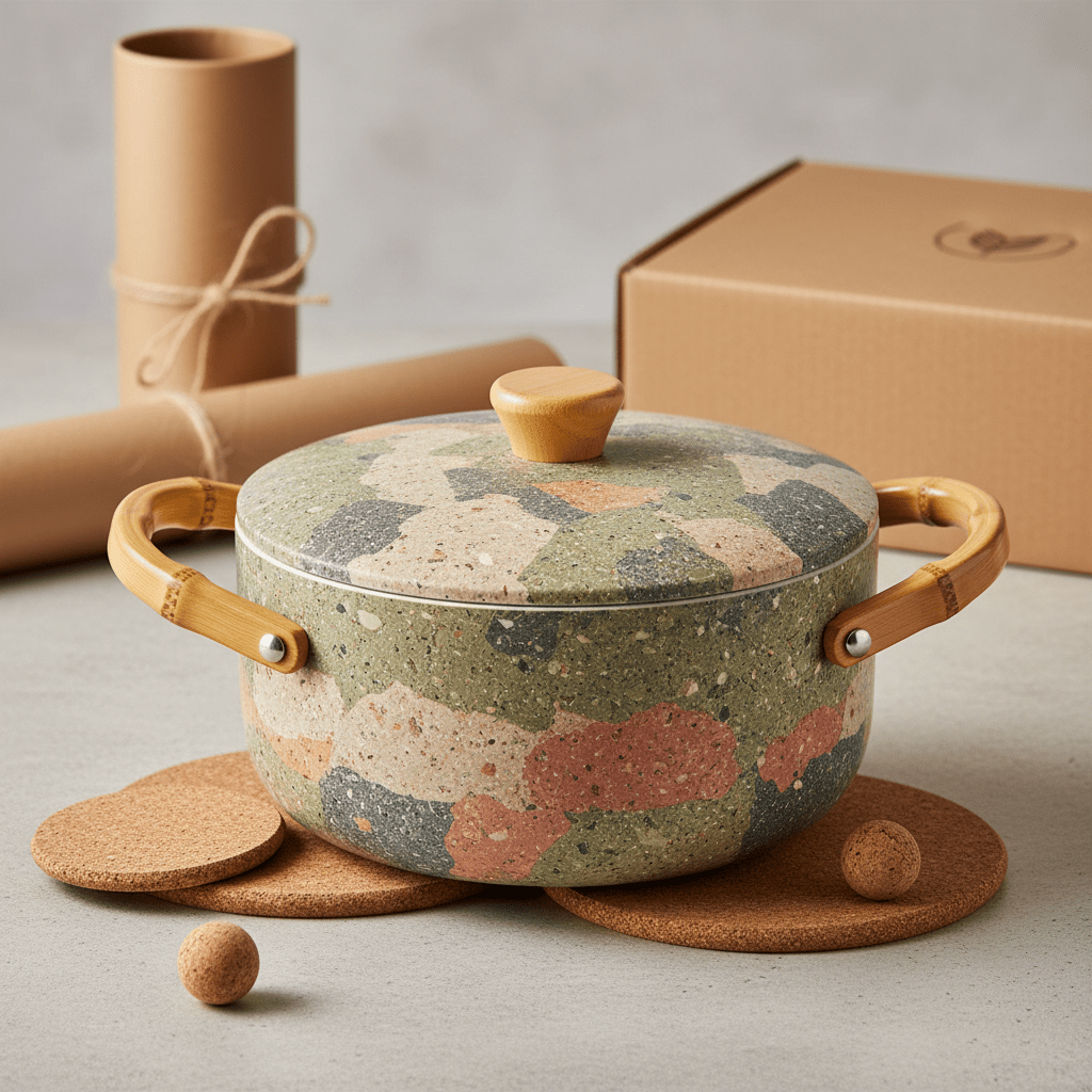 Eco-conscious soup warmer with recycled plastic, bamboo, and cork details.