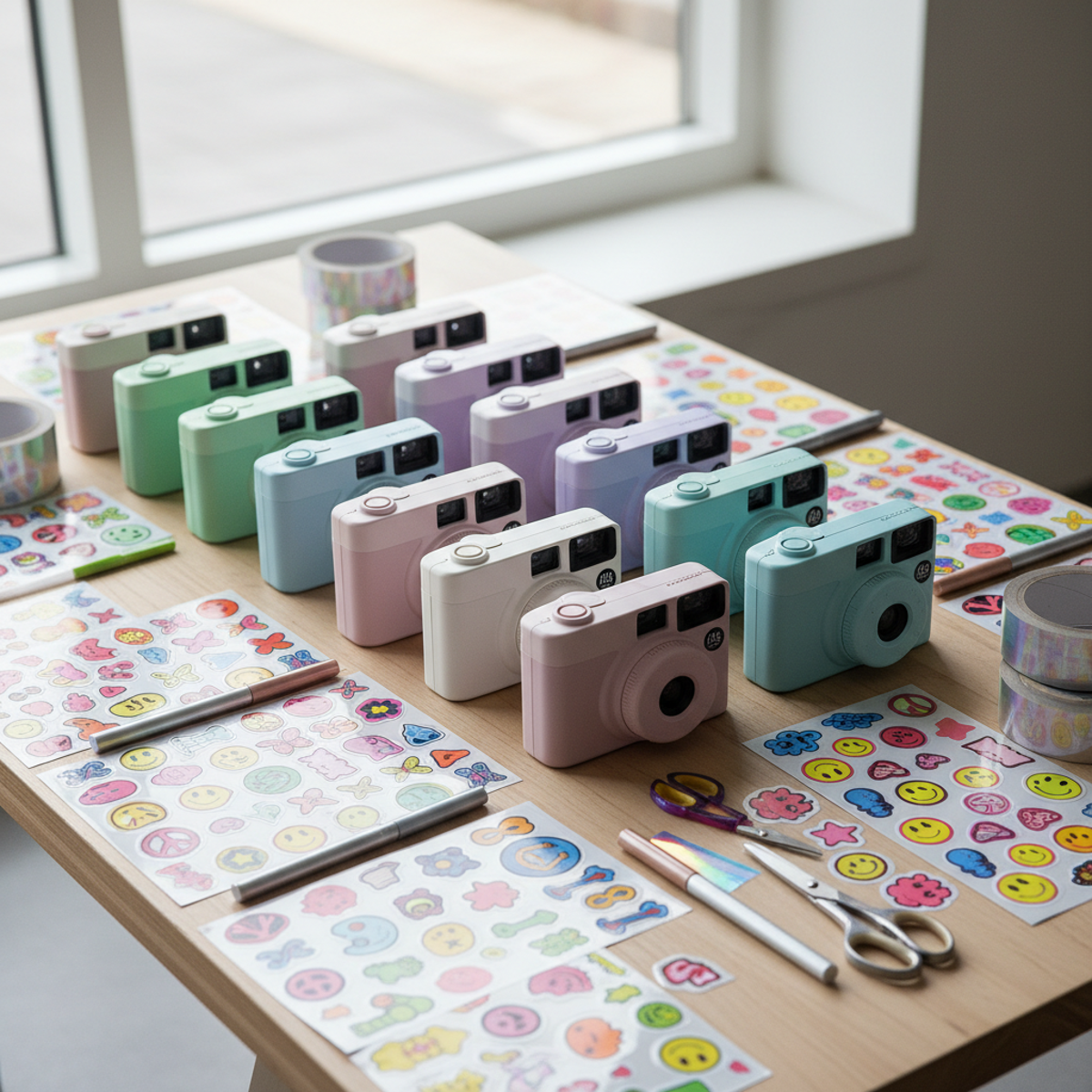 Bulk disposable cameras with pastel casings and DIY supplies on a craft table.