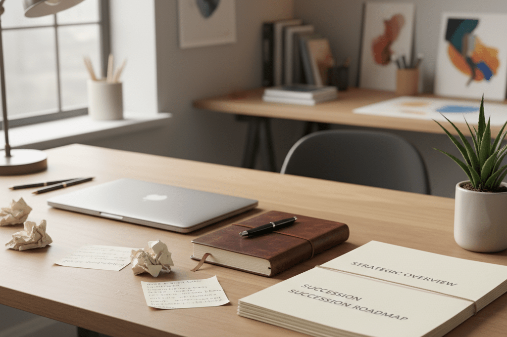 Warmly lit workspace with notes, journal, and laptop symbolizing proactive professional growth and transition strategies