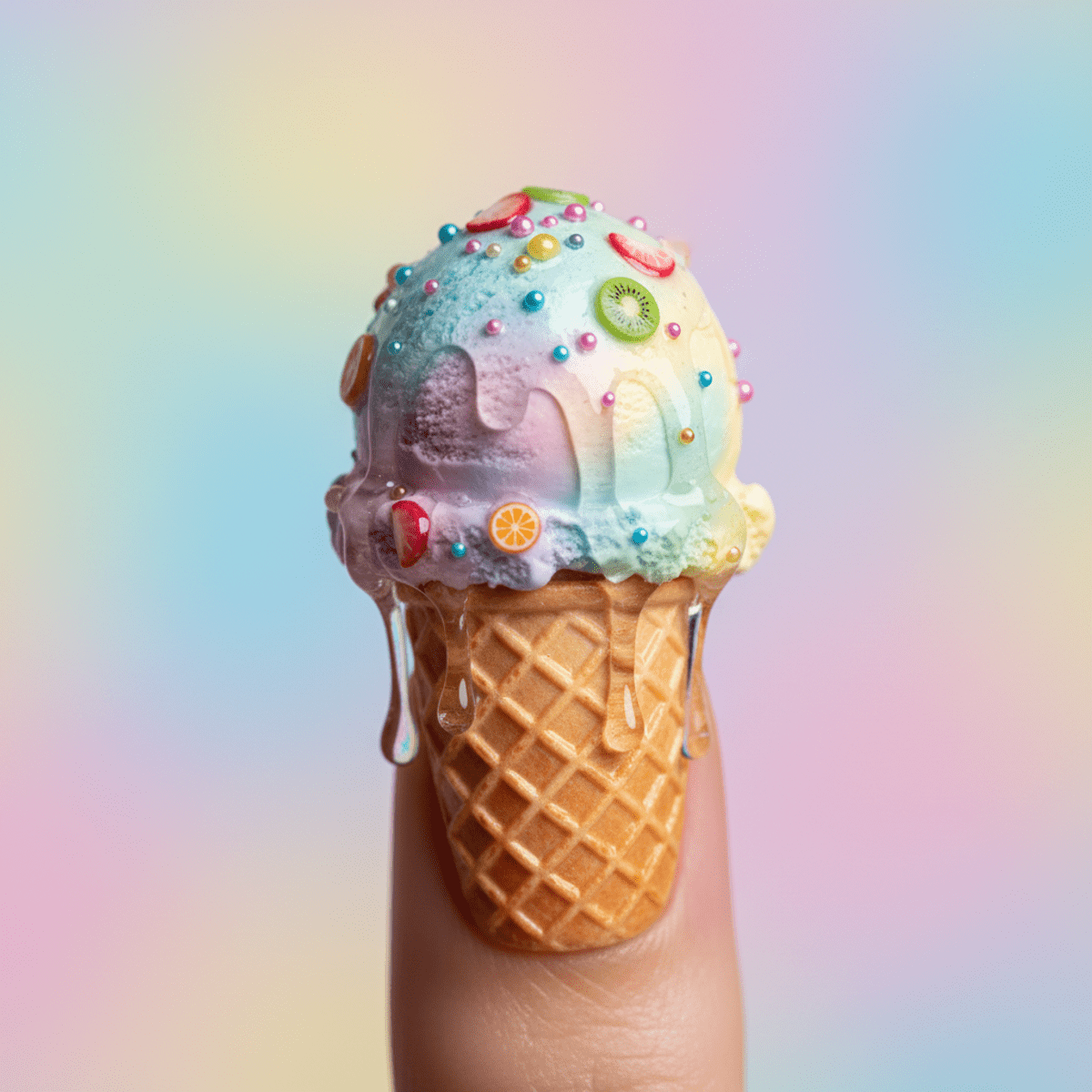 Macro shot of 3D ice cream scoop nail art with creamy texture and dripping glaze.