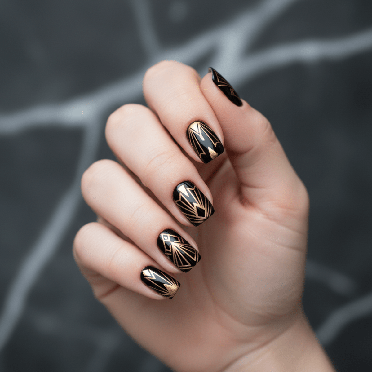 Black nails with intricate gold Art Deco geometric patterns and repeating fan motifs.