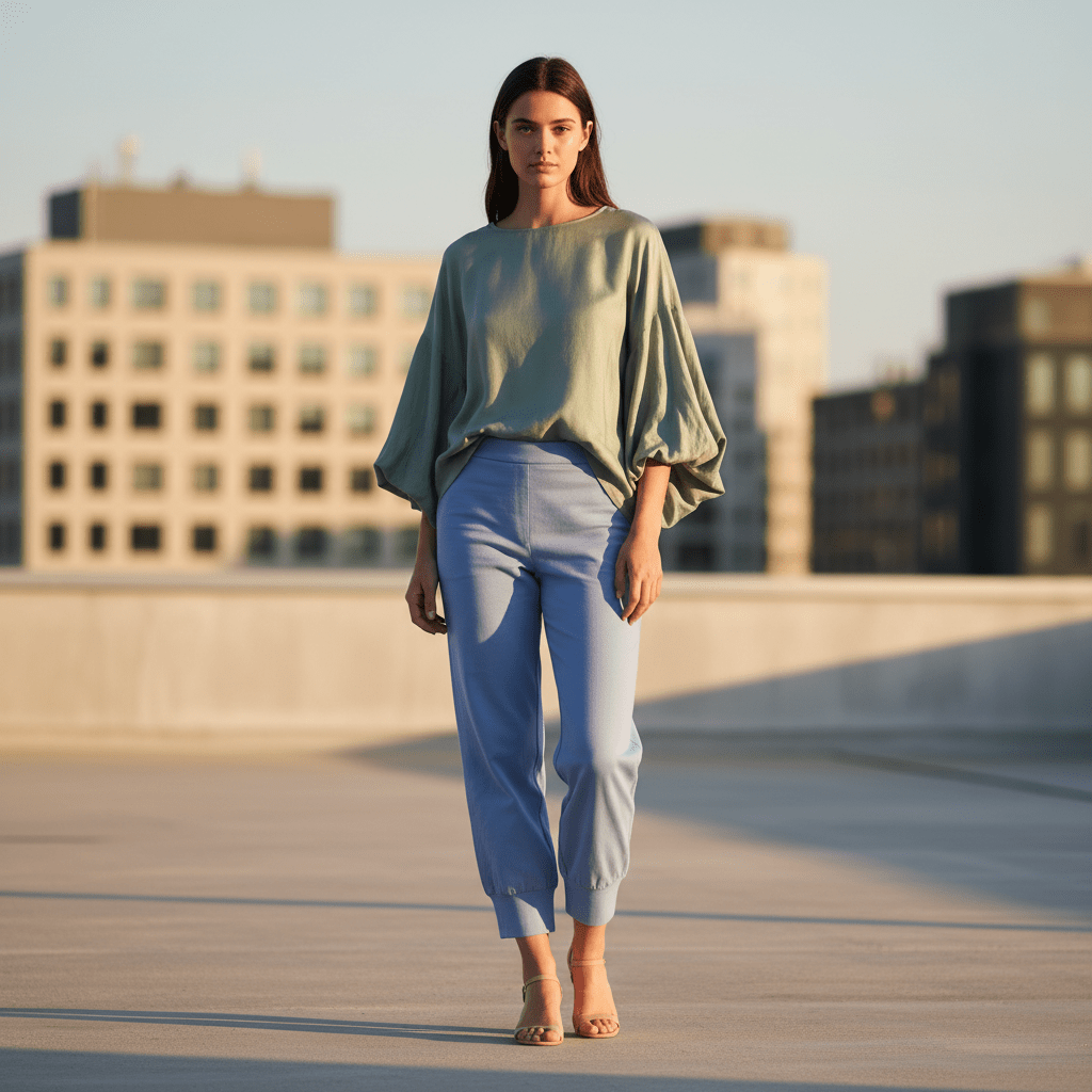 Model in powder blue balloon trousers and sage green top on urban rooftop.