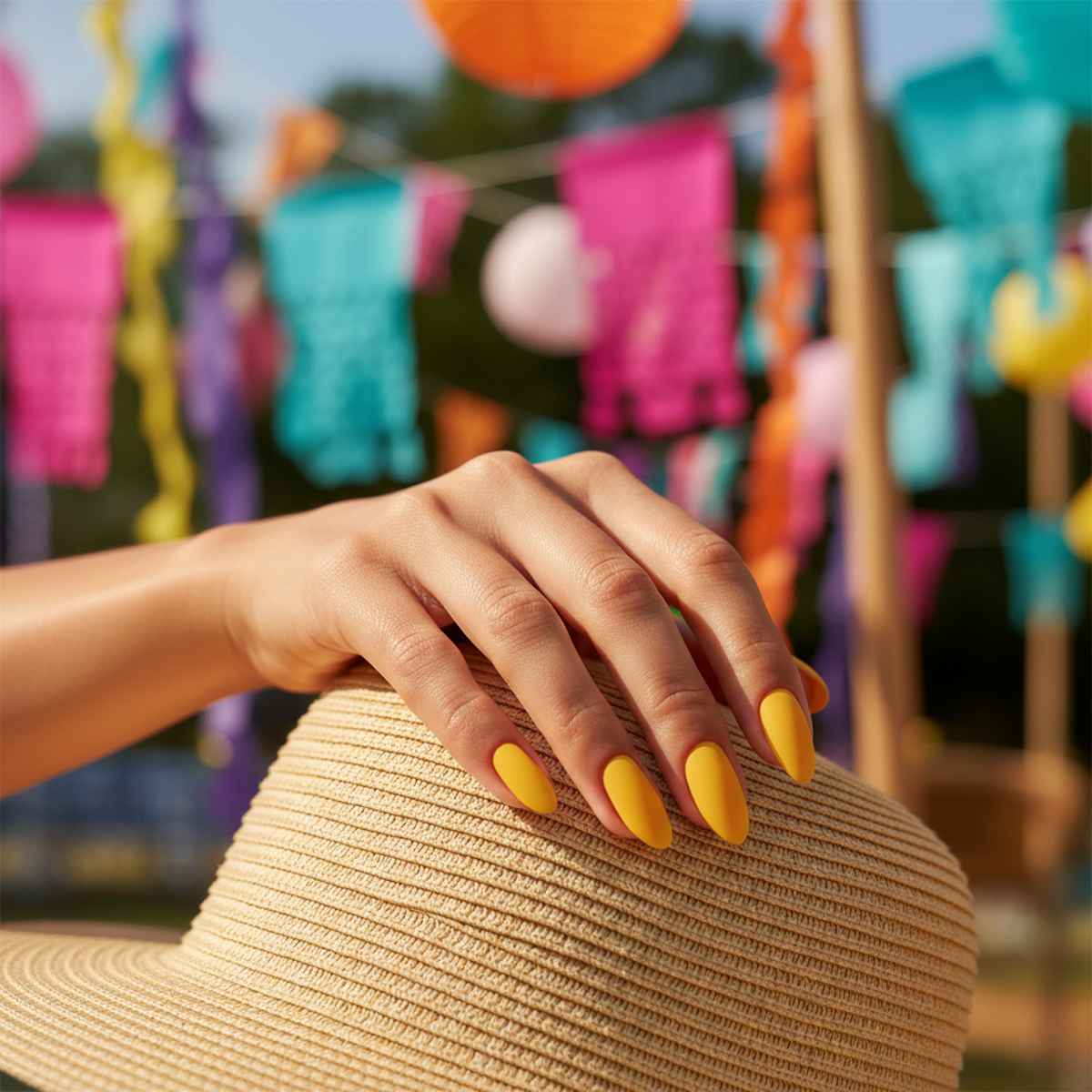 Woman's hand with bright yellow nails on a straw sunhat, golden light.