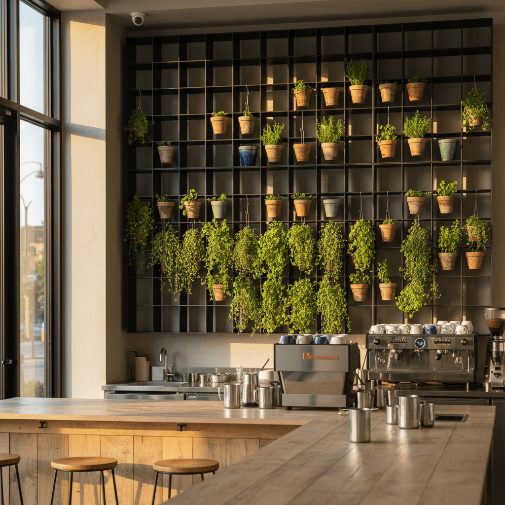 Contemporary cafe with a living herb wall on black lattice panels.