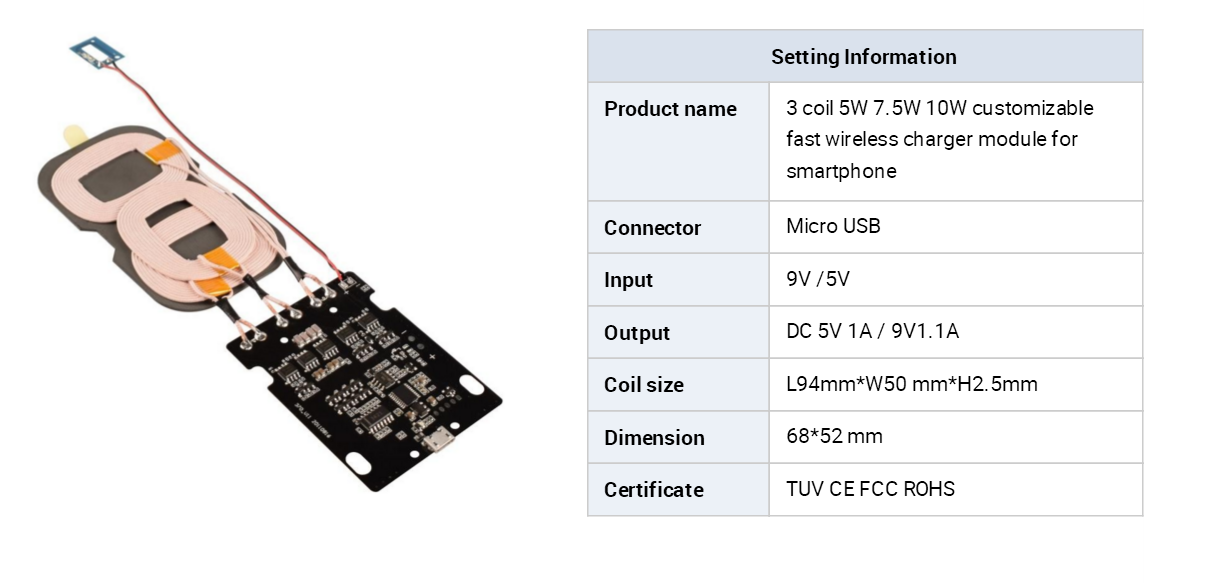 OEM ODM customized 3 coil 5W 7.5W 10W fast wireless charger module for Iphonex